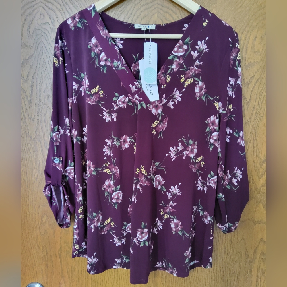 Beacon Patty Roll Tab Knit Top Burgandy Size Medium